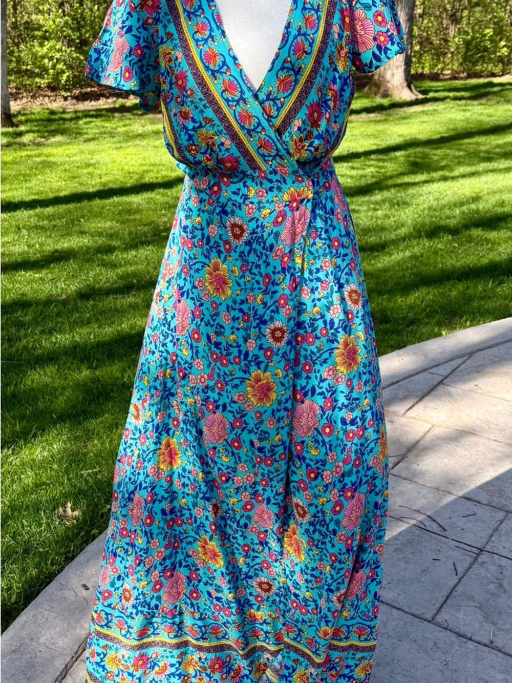 Bright Turquoise Floral Wrap Maxi Dress Beach Coverup